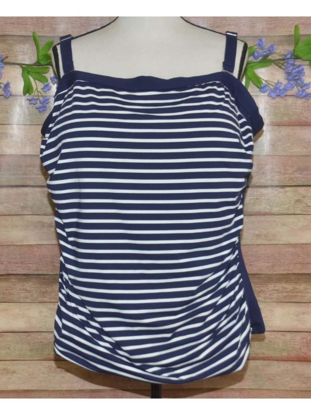 Lands’ End Womens Navy White Striped Tankini Top Built In Bra Size 24W Nautical